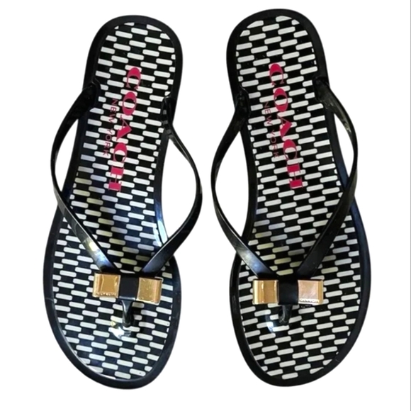 Coach London Jelly Flip Flop Black and Gold Sandals with Sleek Design Sz 10 - Picture 1 of 16